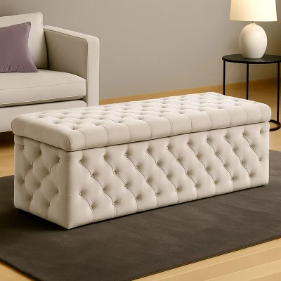 The Range Wide Lux Ottoman Storage Box, Silver Velvet Upholstered Chesterfield Storage Ottoman Box - White