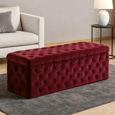 The Range Wide Lux Ottoman Storage Box, Emerald Green Velvet Upholstered Chesterfield Storage Ottoman Box - Red Plush Velvet