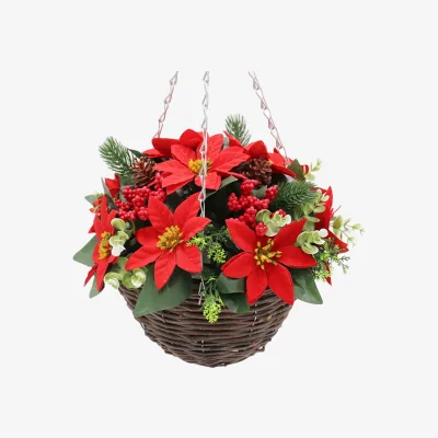 The Range Best Artificial 28cm Christmas Red Poinsettia Hanging Basket Flower - Red