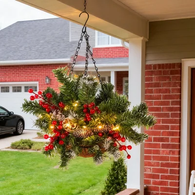 The Range Pre-Lit Frosted Pine Cone Christmas Hanging Basket - Green