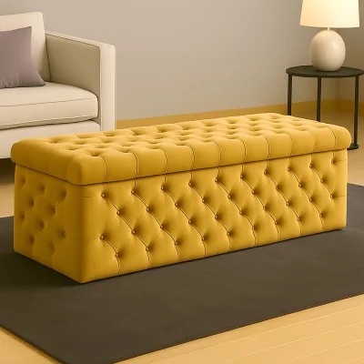 The Range Wide Lux Ottoman Storage Box, Cream Velvet Upholstered Chesterfield Storage Ottoman Box - Mustard Gold Plush Velvet