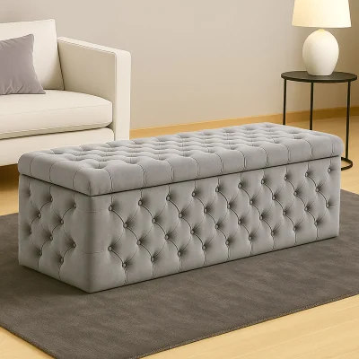 The Range Wide Lux Ottoman Storage Box, Emerald Green Velvet Upholstered Chesterfield Storage Ottoman Box - Silver Plush Velvet