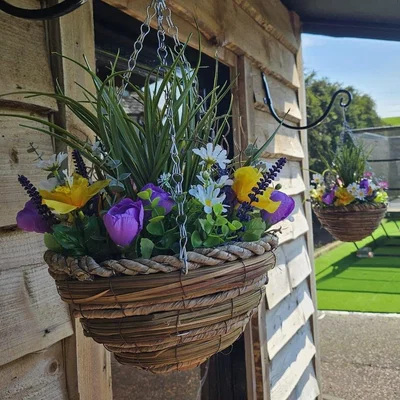 The Range Pair of Best Artificial Mixed Meadow Flower in 10 inch Woven Hanging Baskets - Yellow Grass