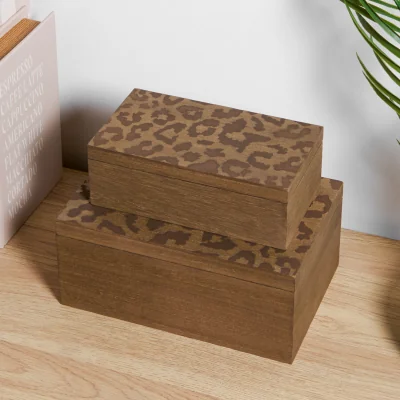 The Range Set of 2 Leopard Wooden Boxes - Brown