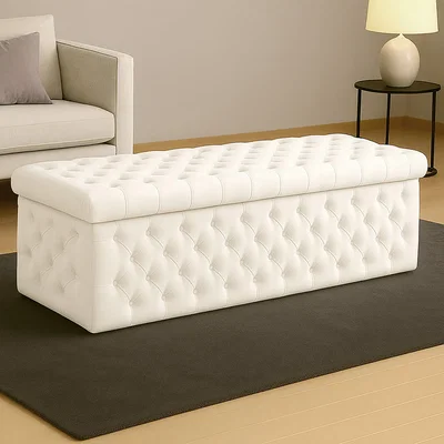 The Range Wide Lux Ottoman Storage Box, Sapphire Blue Velvet Upholstered Chesterfield Storage Ottoman Box - White Plush Velvet