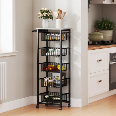 The Range HOMCOM Kitchen Island on Wheels with 5 Pull-Out Baskets - Light Grey
