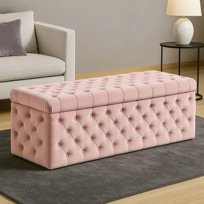 The Range Wide Lux Ottoman Storage Box, Sapphire Blue Velvet Upholstered Chesterfield Storage Ottoman Box - Pink Plush Velvet