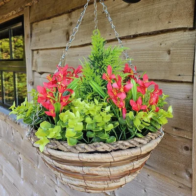 The Range Best Artificial Mini Daffodil Display in 10 inch Woven Decorative Hanging Basket - Red Mini Daffodil