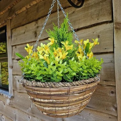 The Range Best Artificial Mini Daffodil Display in 10 inch Woven Decorative Hanging Basket - Yellow Mini Daffodil