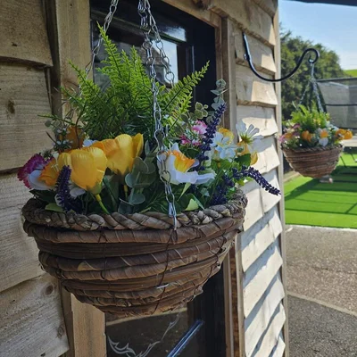 The Range Pair of Best Artificial Mixed Meadow Flower in 10 inch Woven Hanging Baskets - White Fern