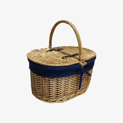 The Range Oval Lidded Picnic Shopping Basket with Navy Blue Lining - Brown