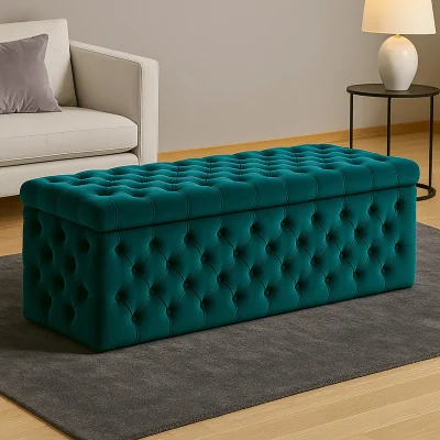 The Range Wide Lux Ottoman Storage Box, Sapphire Blue Velvet Upholstered Chesterfield Storage Ottoman Box - Emerald Green Plush Velvet