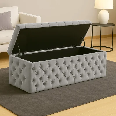 The Range Wide Lux Ottoman Storage Box, Red Velvet Upholstered Chesterfield Storage Ottoman Box - Silver Plush Velvet