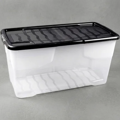 The Range 2 x 42L Curved Plastic Storage Box with Black Lid Heavy-Duty & Stackable - Clear