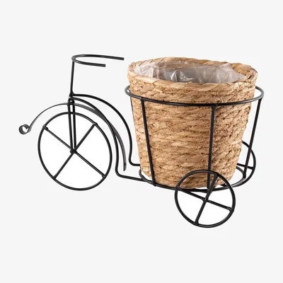 The Range Metal Tricycle Plant Stand with Seagrass Basket - Black / 19cm