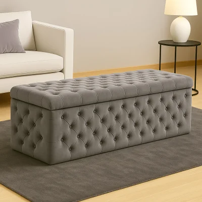 The Range Wide Lux Ottoman Storage Box, Sapphire Blue Velvet Upholstered Chesterfield Storage Ottoman Box - Grey Plush Velvet