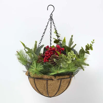 The Range Artificial Winter Woodland and Eucalyptus Hanging Basket - Green & Red