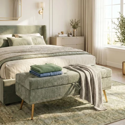 The Range HOMCOM Storage Ottoman, Chenille Ottoman Storage Box - Light Green
