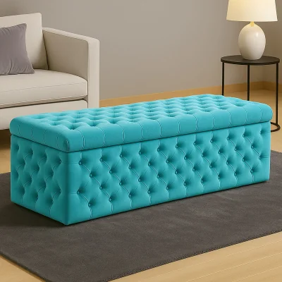 The Range Wide Lux Ottoman Storage Box, Emerald Green Velvet Upholstered Chesterfield Storage Ottoman Box - Teal Plush Velvet