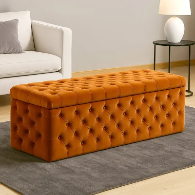 The Range Wide Lux Ottoman Storage Box, Cream Velvet Upholstered Chesterfield Storage Ottoman Box - Burnt Orange Plush Velvet