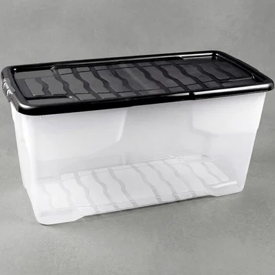 The Range 1 x 42L Curved Plastic Storage Box with Black Lid Heavy-Duty & Stackable - Clear