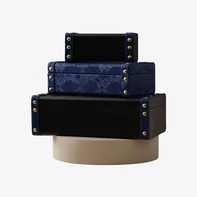 Wolf & Badger Women's Black / Blue Three-Piece Navy & Black Croc-Embossed Leather Storage Box Set With Brass Accents | Anatoliacraft