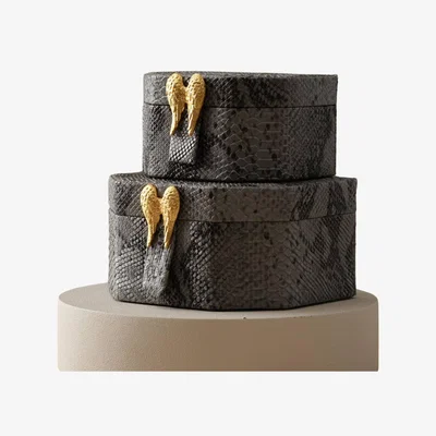 Wolf & Badger Women's Two-Piece Grey Snake-Embossed Leather Storage Box Set With Gold Angel Wings | Anatoliacraft