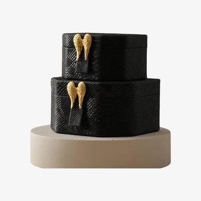 Wolf & Badger Black / Gold Two-Piece Black Snake-Embossed Leather Storage Box Set With Gold Angel Wings | Anatoliacraft