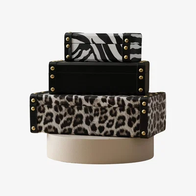 Wolf & Badger Women's Black / White Three-Piece Zebra Print Leather Storage Box Set With Brass Accents | Anatoliacraft