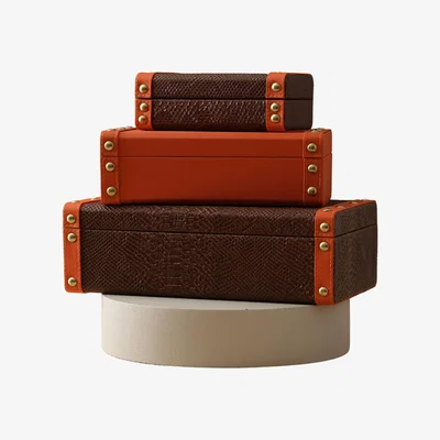 Wolf & Badger Women's Yellow / Orange / Brown Three-Piece Burnt Orange & Brown Snake Print Leather Storage Box Set With Brass Studs | Anatoliacraft
