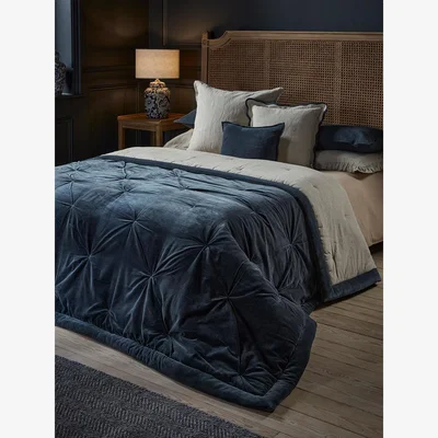 Cox and Cox Pintucked Velvet & Cotton Linen Kingsize Quilt - Steel Blue