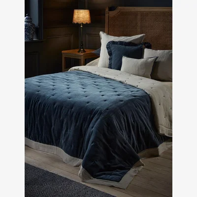 Cox and Cox Reversible Velvet & Cotton Linen Kingsize Quilt - Steel Blue