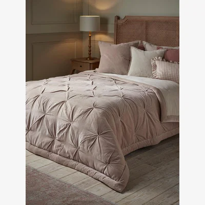 Cox and Cox Pintucked Velvet & Cotton Linen Kingsize Quilt - Putty