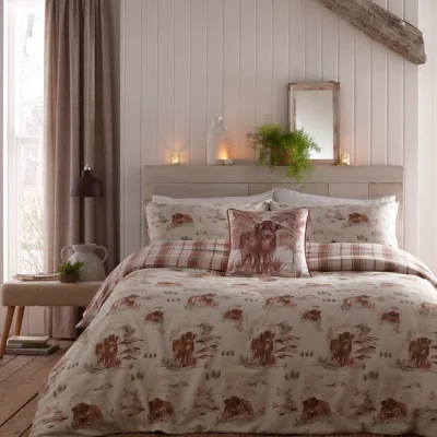 Dunelm Dreams and Drapes Lodge Hanson Highland Cow Terracotta Duvet Cover and Pillowcase Set Terracotta