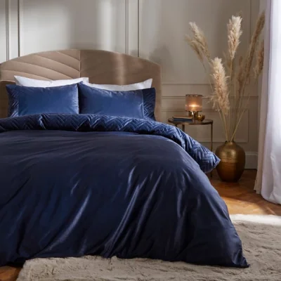 Dunelm Hallie Pinsonic Velvet Duvet Cover and Pillowcase Set Navy Navy (Blue)