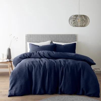 Dunelm Amberley Waffle Cotton Navy Duvet Cover and Pillowcase Set Navy (Blue)