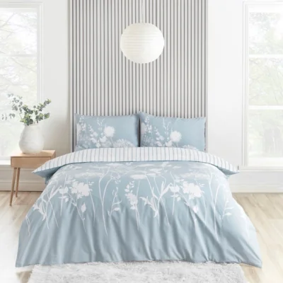 Dunelm Catherine Lansfield Meadowsweet Floral Reversible Blue Duvet Cover & Pillowcase Set Blue