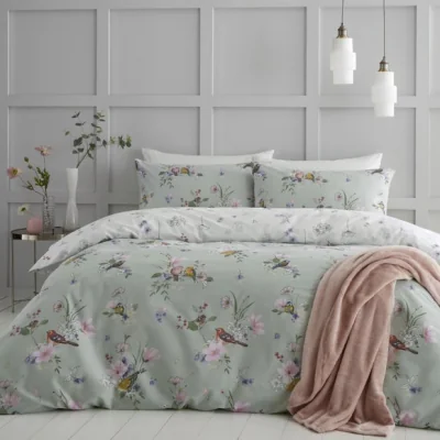 Dunelm Catherine Lansfield Songbird Sage Reversible Duvet Cover & Pillowcase Set Sage (Green)
