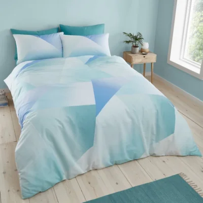 Dunelm Catherine Lansfield Ombre Larsson Geo Blue Green Duvet Cover and Pillowcase Set Green