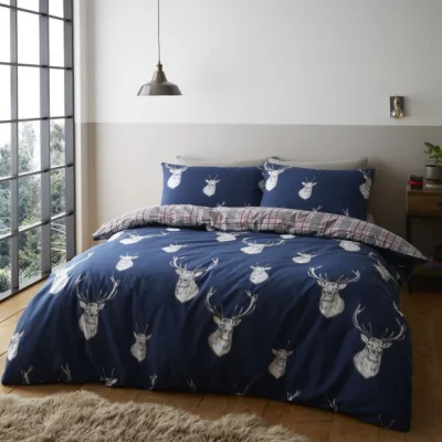 Dunelm Catherine Lansfield Stag Navy Duvet Cover and Pillowcase Set Navy Blue/White