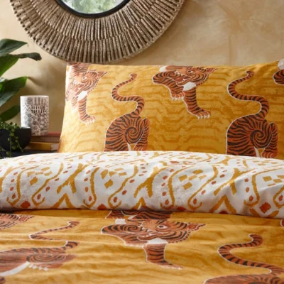 Dunelm Furn. Tibetan Tiger Mustard Duvet Cover and Pillowcase Set Yellow/White