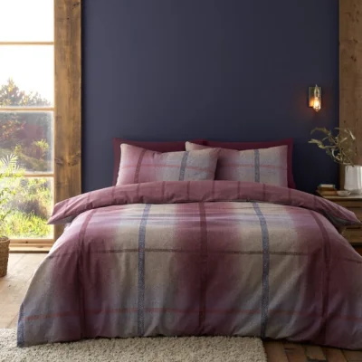 Dunelm Catherine Lansfield Melrose Tweed 100% Brushed Cotton Duvet Cover & Pillowcase Set Plum Purple