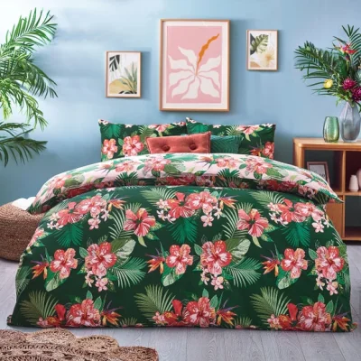 Dunelm furn. Hibiscus Green Duvet Cover & Pillowcase Set Green/Pink