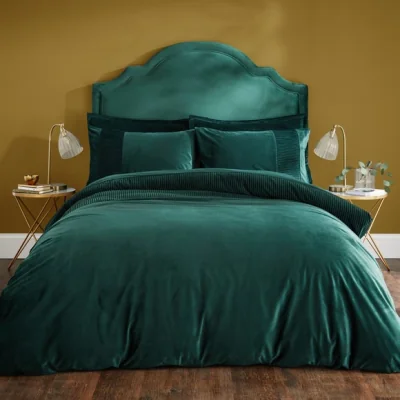 Dunelm Liliana Pleated Velvet Duvet Cover and Pillowcase Set Bottle (Green)