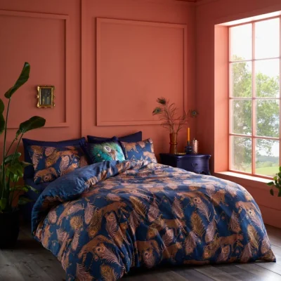 Dunelm Matthew Williamson Peacock Leopard 200 Thread Count Cotton Navy Duvet Cover and Pillowcase Set Navy