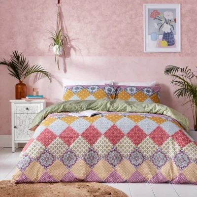 Dunelm Global Patchwork Duvet Cover Set Pink