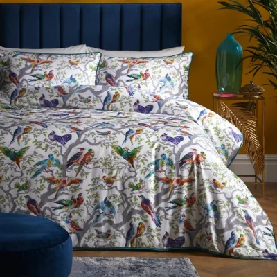 Dunelm Birdity 200 Thread Count Cotton Duvet Cover and Pillowcase Set MultiColoured