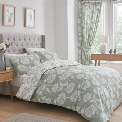 Dunelm Chrysanthemum Easy Care Green Duvet Cover and Pillowcase Set Green