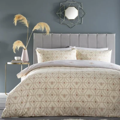 Dunelm Furn. Bee Deco Champagne Duvet Cover and Pillowcase Set Beige/White