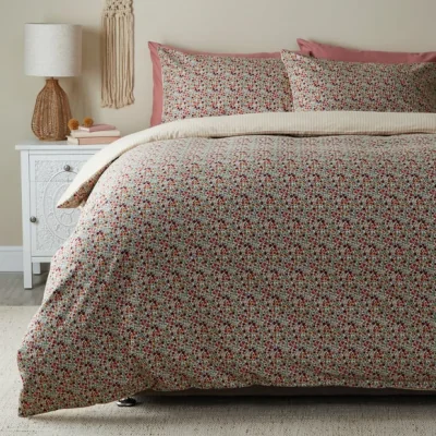 Dunelm Allegra Cosy Soft Floral Duvet Cover and Pillowcase Set Green/Red/Yellow